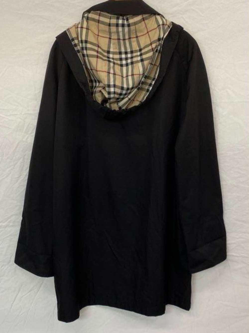 Burberry Black Hooded Trench Coat with Plaid Cuff and Hood Detail - Picture 10 of 10
